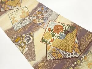 唐織横段に色紙・花・古典柄模様織出し袋帯